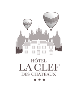 Logo de l’Hôtel La Clef des Châteaux avec château et montgolfières