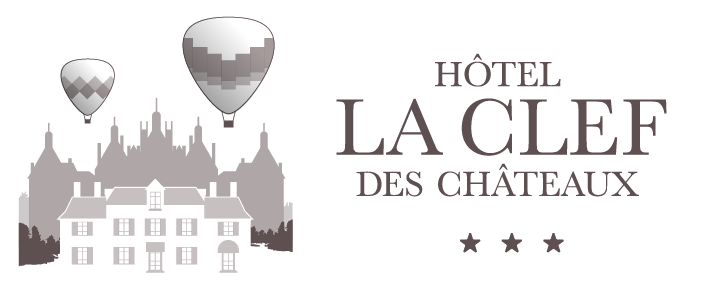 Logo de l’Hôtel La Clef des Châteaux avec château et montgolfières