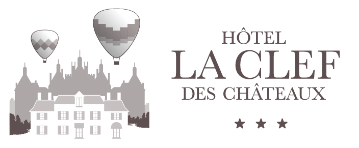 Logo de l’Hôtel La Clef des Châteaux avec château et montgolfières
